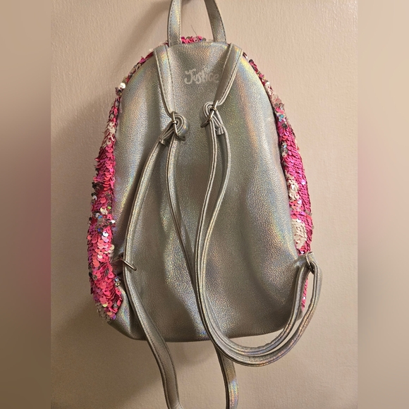 Justice Girls Mini Backpack Flip Sequin with Initial B, Pink & White Pom Pom - Picture 6 of 10